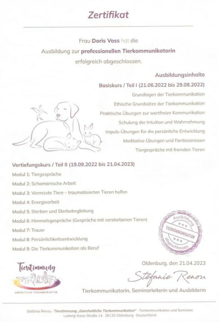 Ausbildungszertifikat von Doris Voss – geprüfte Kompetenz in der Tierkommunikation