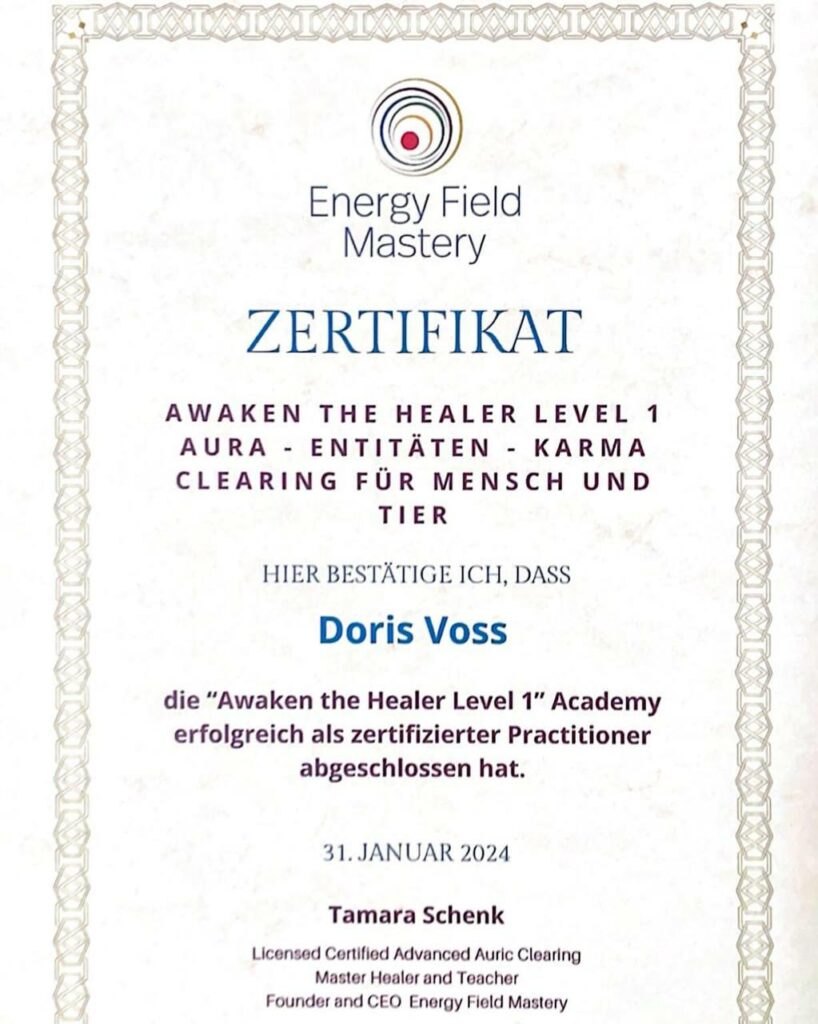 Zertifikat von Doris Voss – Qualifikation und Professionalität in der Tierkommunikation